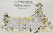 'At least I'll be sleeping warmer tonight. I've got the newspaper section where Reagan congratulates himself for doing such a fine job as president...'